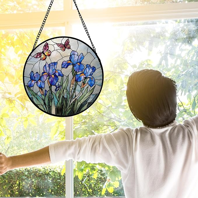 DASTOLL Stained Glass Window Hanging, Blue Iris Flowers Butterfly Suncatcher Diamond Colorful Glass Panel Sun Catchers Decor for Birthday for Women, Men, Wife, Aunt, and Mom 9.8 in