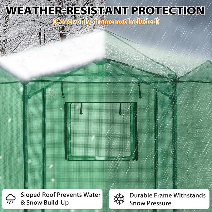 EAGLE PEAK Replacement Cover for 6.6x6.6 ft Hexagon Pop up Greenhouse, Front and Rear Roll-Up Zipper Entry Doors and 2 Roll-Up Side Windows (Frame Not Included), Green