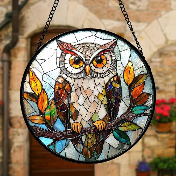 DASTOLL Stained Glass Window Hanging, Owl Colorful Leaves Birds Sun Catchers Diamond Glass Panel Hangings Suncatcher Decor for Birthday for Women, Men, Wife, Aunt, and Mom 6.3 in