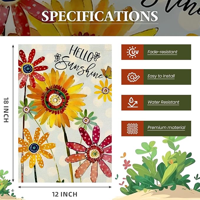 Summer Flowers Garden Flag 12x18 Inch Double Sided,Hello Sunshine Sunflower Daisy Small Yard Flags for Outdoor,Seasonal Decoration for Spring Farmhouse Holiday Outside