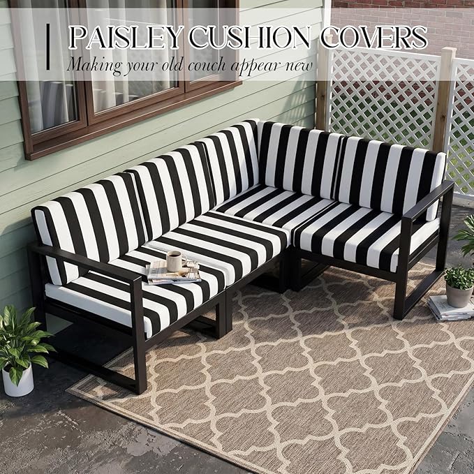 Newwiee 12 Pcs Patio Stretch Outdoor Cushion Covers Sofa Couch Cover Replacement Couch Slipcover Sofa Seat Chair Porch Patio Furniture Protector, Flexibility Washable (Black White,Stripes)