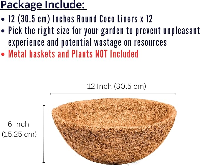 LaLaGreen 12'' (12 Pack, Round) Coco Liners for Hanging Basket – Small Coir Fiber Replacement for Flower Pot, Garden Holder, DIY Outdoor Planter – Multi Sizes 8/10/14/16/18/20 Inch & Different Shapes