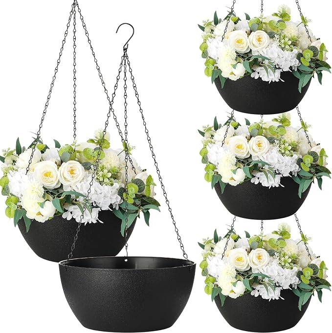 Maxcheck 4 Pack 13 Inch Large Hanging Planters Indoor Outdoor Flower Pots, Plant Containers with Drainage Hole Round Hanging Plant Pot for Home Garden Porch Balcony Patio Decor(Black)