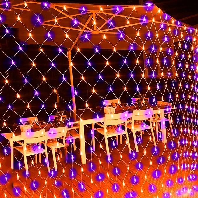 Dazzle Bright Halloween 360 LED Net Lights, 12FT x 5FT Connectable Waterproof String Lights Clear Wire with 8 Modes, Halloween Decorations for Indoor Outdoor Party Yard Garden Decor, Purple & Orange