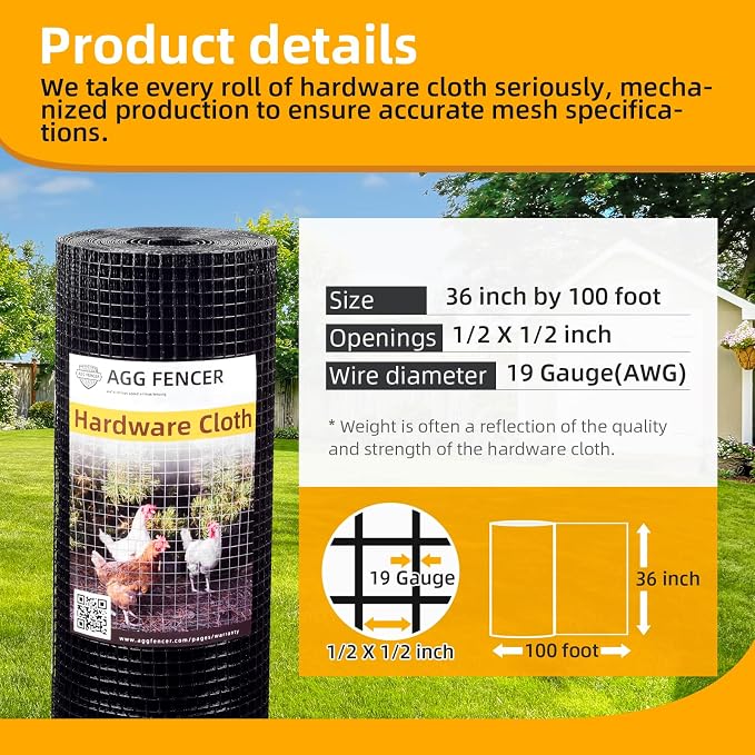 36in x 100ft Black Hardware Cloth 1/2 inch 19Ga PVC Coated Wire Mesh Vinyl Coated Fence, Welded Metal Chicken Wire Fencing Roll, Garden Plant Fencing, for Chicken Coop and Home Improvement