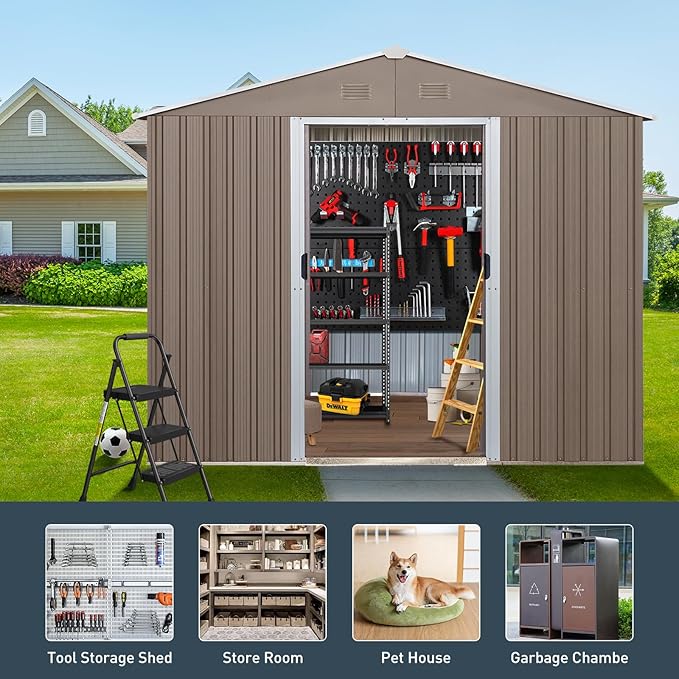 KEIKI 8x10 FT Outdoor Metal Storage Shed with Peaked Roof,Vents,Window and Metal Foundation for Garden Yard
