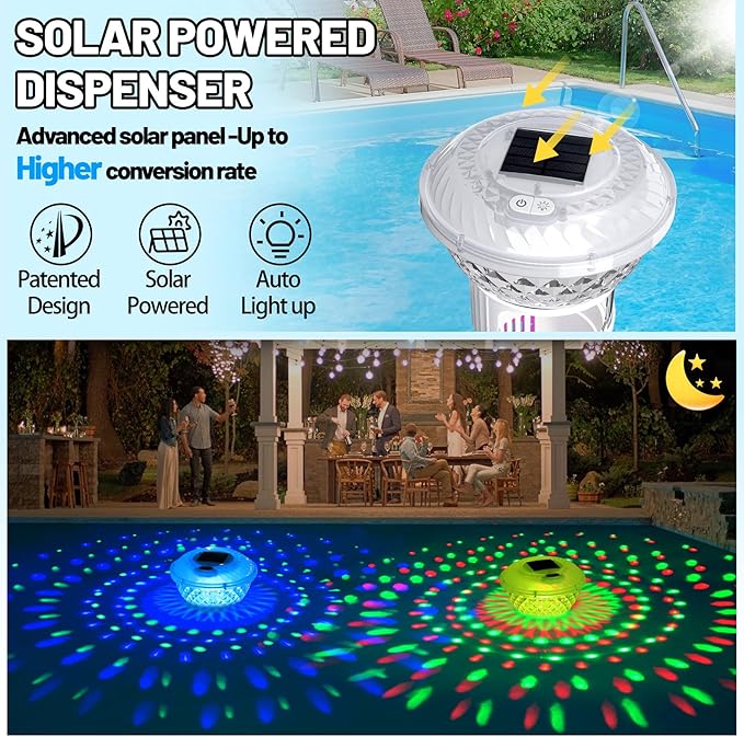 FineBud2025 Upgrade Solar Chlorine Floater, Pool Chlorine Floater with Colorful Light, Button Control Floating Chlorines Dispenser for Pool, Adjustable Flow chlorines floaters (Pink)