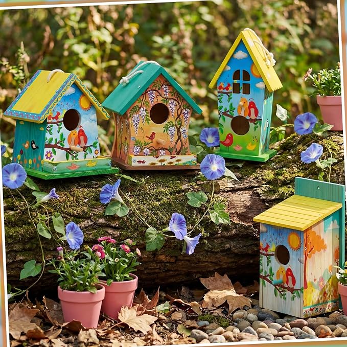 Liliful 8 Pack Birdhouse Crafts for Kids, Wooden Creative DIY Bird House Kits Arts and Crafts Set for Kids and Adults, Spring Birthday Gifts for Toddlers Ages (Holiday Style)