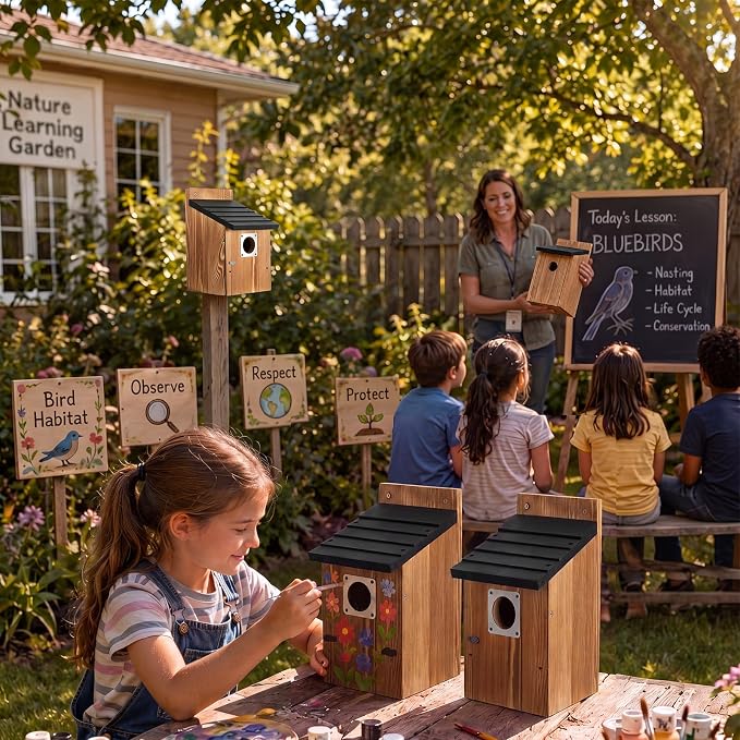 Dreyoo 4 Pack Bluebird Houses for Outside with Metal Predator Guard, 1-1/2" Entrance Hole Wooden Blue Bird Houses for Outdoors, Bluebird Nesting Box(Black Roof, Burnt Wood Body)