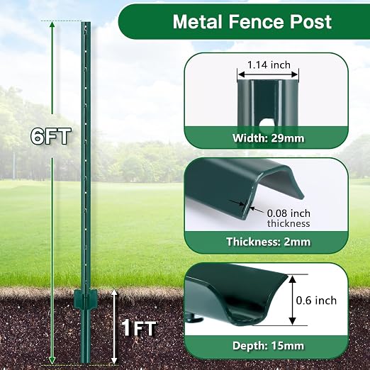 Gtongoko 10 Pack 6FT Heavy Duty Metal Fence Posts, Green U Channel No Dig Fence Stakes with Anchor Plate, 14 Gauge Steel Posts for Wire Fencing, Garden Protection, Animal Barrier, Yard & Farm Boundary