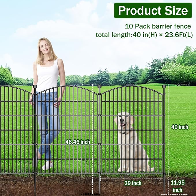 10 Panels No Dig Decorative Garden Fence - 40 in (H) x 23.6 ft (L), Dog Fence Outdoor for Yard，Rustproof Metal Animal Barrier Ground Stakes Fencing for Garden, Patio, Flower Bed