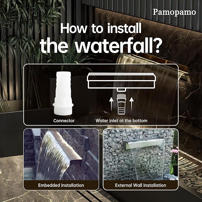 Pamopamo Pond Waterfall Spillway Stainless Steel Pool Fountain, APP Control LED Lighted Waterfalls Kit, Outdoor Water Flow Waterfalls Kit for Garden Patio Koi Pond Decoration-23.6"x7.8"x3.9"