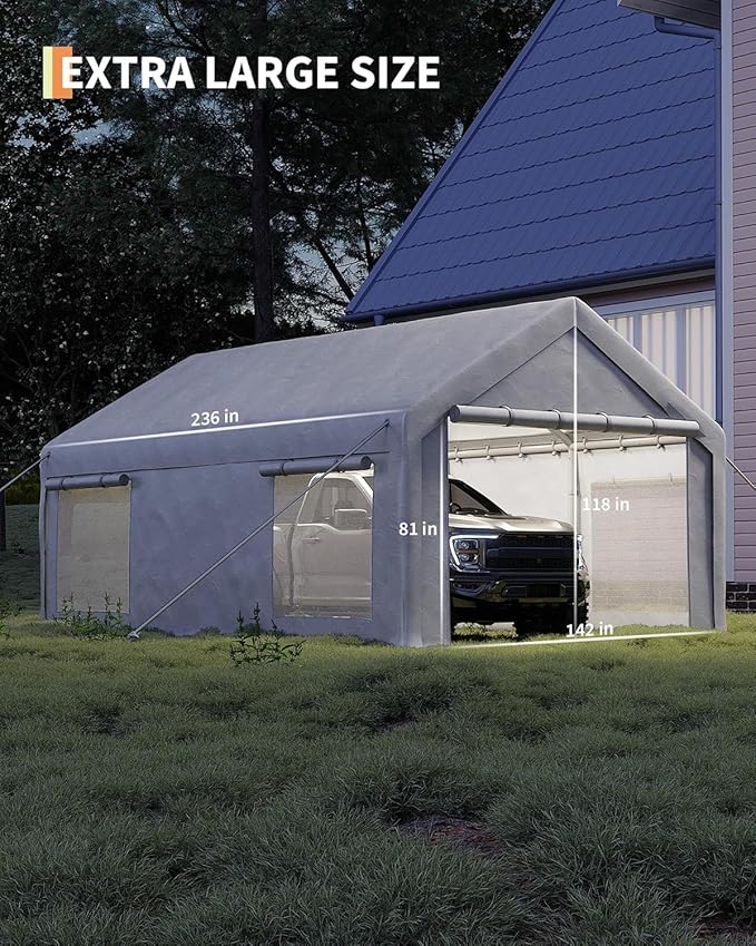 Carport Canopy, 12 x 20ft Garage Tent Shelter Tarp, Heavy-Duty Carport Canopy with Roll-Up Windows & Doors, Removable Sidewalls Car Canopy, Car Tent Waterproof for Cars, Boats, Trucks
