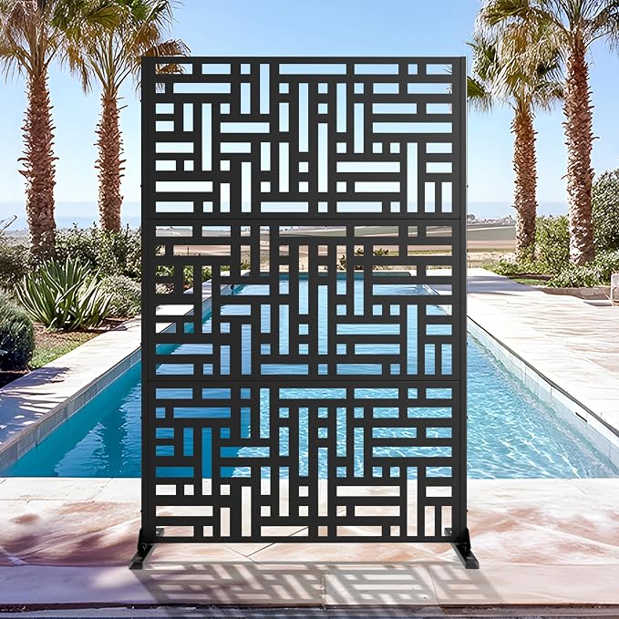 Casaphoria 72" H x 47" W Metal Outdoor Privacy Screen, Freestanding Decorative Divider for Patio, Deck, Balcony, and Garden with Stable Base, Black Helen