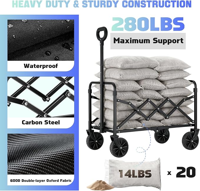 280LBS Collapsible Wagon Cart with Wheels - Heavy Duty Folding Wagon Carts for Grocery, Lightweight Utility Wagon with All-Terrain Wheels & 2 Cup Holders, Portable Beach Wagon for Shopping Garden