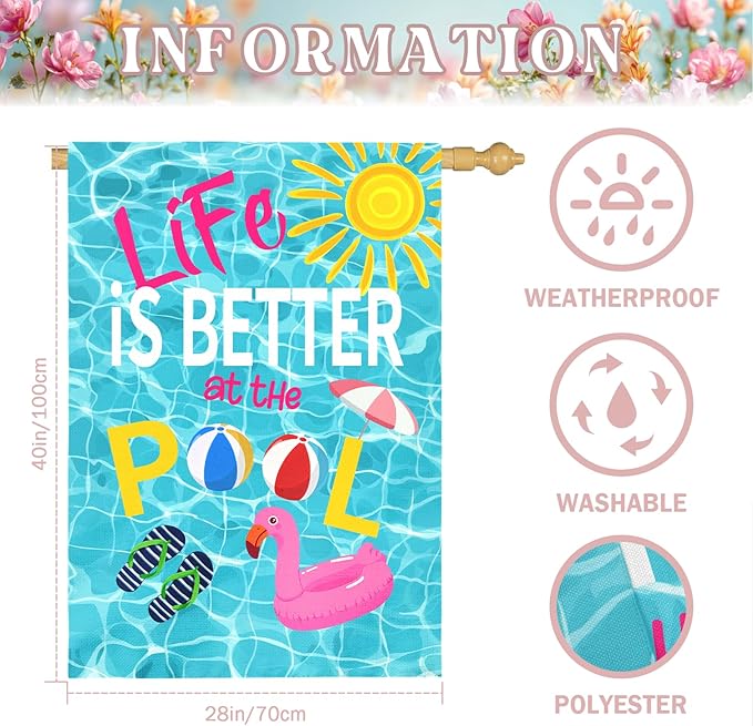 Life Is Better at the Pool Large House Flag Summer Pool Party Outdoor Double Sided Poolside Garden Flags Swimming Pool Flamingo Beach Ball Sunshine Yard Banner Porch Patio Decor 28 x 40 Inch