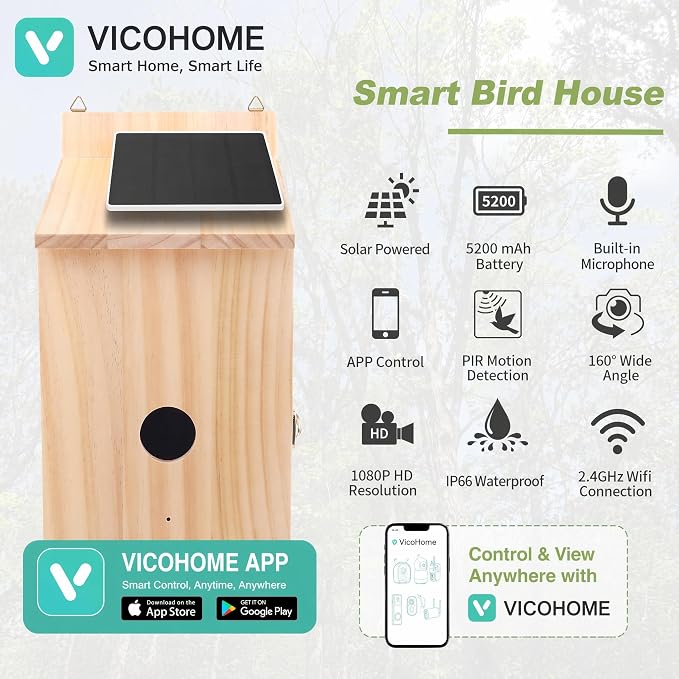 Smart Bird House with Camera, 1080P HD Wireless Birdhouse for Outside with Nest Auto Capture Photo & Video, Solar Powered 2.4G WiFi & App Notify 32G SD Card Waterproof Wooden Birdhouse