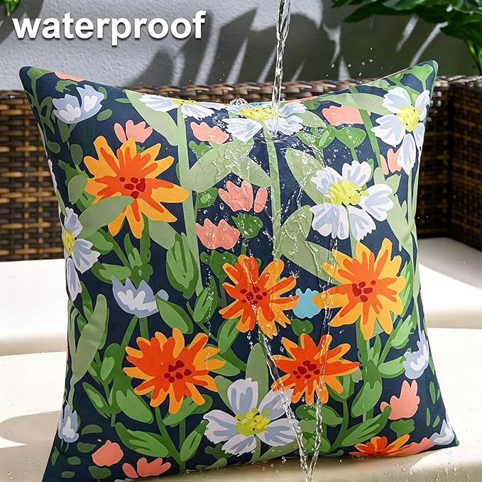 Pyonic Spring Summer Floral Outdoor Pillow Covers 16x16 inch Waterproof Throw Pillow Covers Outdoor Pillows for Patio Furniture Garden Bench Porch,Navy Blue