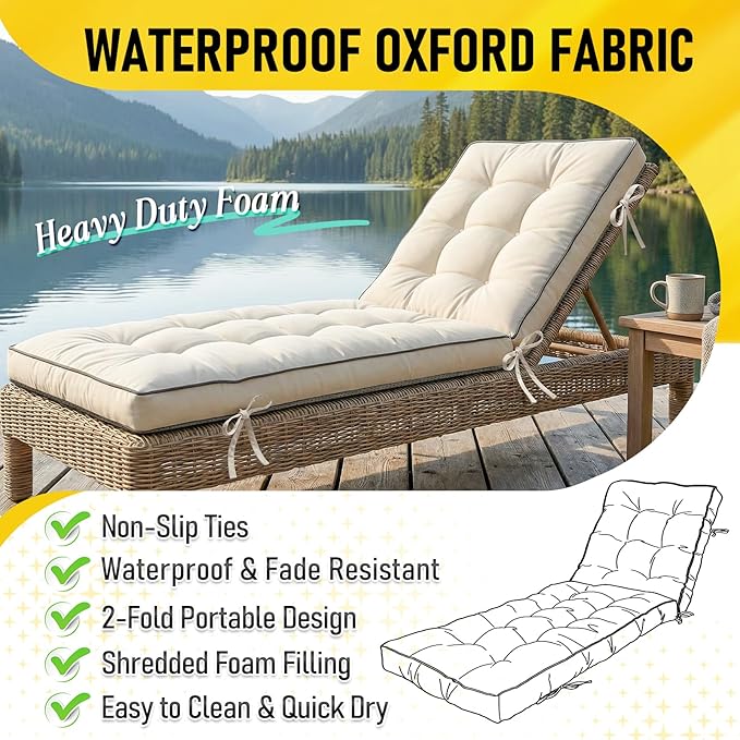 2 Pack 80x26 Inch Folding Chaise Lounge Cushion Quick Dry - Outdoor Sun Lounger Seat Pad with Shredded Foam for Patio Furniture, Deck Chairs, Poolside (Cream, 80 INCH × 26 INCH- 2 Pack)