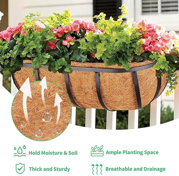 Legigo 2 Pack 16 Inch Window Box Deck Railing Planter with Coconut Liner, Balcony Rail Planters Horse Trough Window Planter Boxes, Metal Railing Hanging Flower Baskets for Outdoor Porch Fence Patio