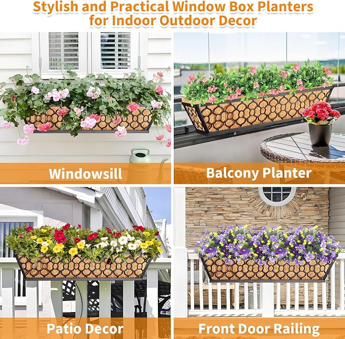 Riare 2 Pack 23 Inch Window Boxes Planters with Coco Liner, Metal Deck Railing Planter Boxes, Balcony Planters Railing Hanging, Horse Trough Window Flower Planter Boxes for Outdoor Porch Fence Patio