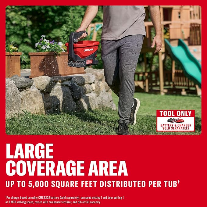 Craftsman V20 Four Season Seed Spreader Handheld, 1.2 Gal, 6 Speed, Fertilizer Spreader, Salt, Ice Melt, Covers up to 5,000 sqf per Tub, Tool Only (CMCOE300B)