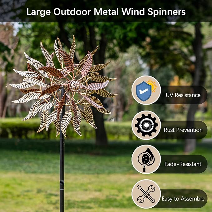 Large Wind Spinners Outdoor Metal, 360° Double-Layer Garden Wind Spinners Sculptures, 63" ×13.4", Kinetic Pinwheels for Yard and Garden Patio & Lawn (Blown)