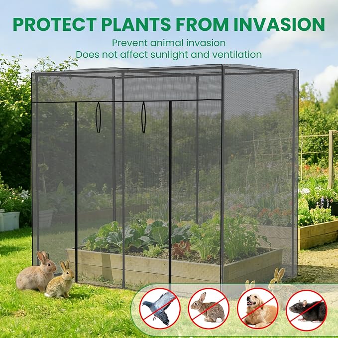 SUNYRISY Garden Plant Netting Crop Cage for Garden Raised Bed, 6.5 x 3.3 x 6 Ft Plant Cover Cage Protectors from Animal for Outdoor Plants with Frame and Zippered Door, Black