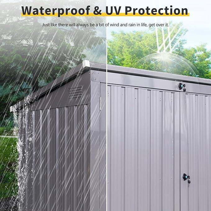 YOPTO 62" Garbage Bin Shed Stores 2 Trash Cans Metal Outdoor Storage,Stainless Galvanized Steel House with Sloped Roof & Lockable Door,Waterproof Cabinet Shelter for Patio,Lawn,Gray