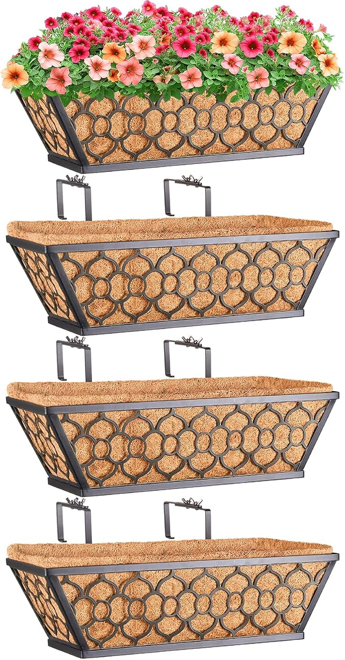 Riare 4 Pack 16 Inch Window Boxes Planters with Coco Liner, Metal Deck Railing Planter Boxes, Balcony Planters Railing Hanging, Horse Trough Window Flower Planter Boxes for Outdoor Porch Fence Patio