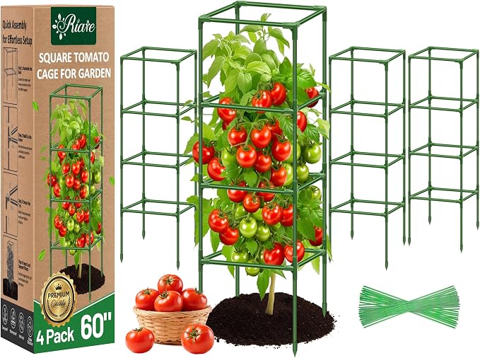 Riare 4 Pack Square Tomato Cages for Garden- 60 Inch Heavy Duty Tomato Stakes Plant Support, Metal Tomato Trellis for Climbing Plants Outdoor, Raised Garden Bed, Vegetables Flowers