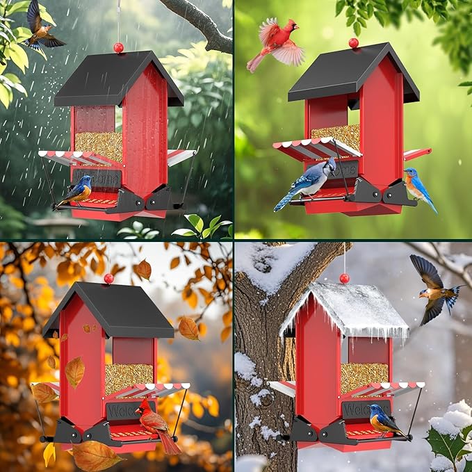 Squirrel Proof Bird Feeders,ScinDa Bird Feeders for Outdoors Hanging with Bilateral Weight-Activated Perches for Attracting Finch, Cardinal,Bluebird(Red)
