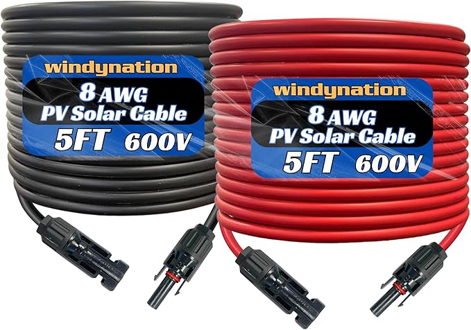 8 AWG 8 Gauge Pair 5 Feet Red +5 Feet Black PV Photovoltaic Solar Panel Extension Cable Wire Solar PV Connector
