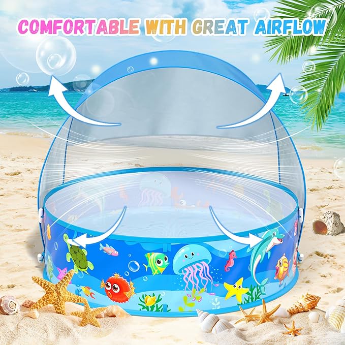 Baby Beach Tent, Pop-Up Above Ground Pool, Foldable Kiddie Pool with Sun Shelter Canopy for Ages 9-48 Months, Toddler Wading Pool, Portable Water Play Sum Toys for Outdoor Activity