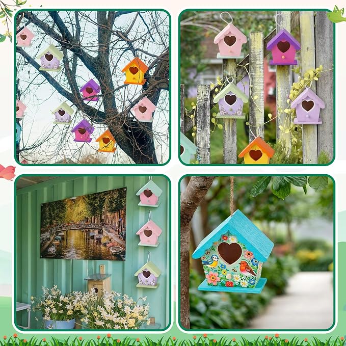 Joyfolk 20 Pcs 3.7" Wooden Heart Birdhouse Kits Valentines DIY Art Painting Bird House Craft Kit Unfinished Wood Bird Houses to Paint with Paints Brushes Gift for Garden Yard Projects Decor Gifts