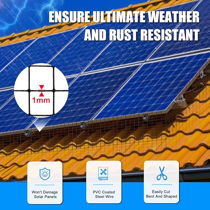 4in X 100ft Solar Panel Bird Guard - 1/2" Black PVC Mesh Galvanized Rust-Resistant Net, Critter Guard for Solar Panels with 70 Fastener Clips, Gloves, Cutting Pliers
