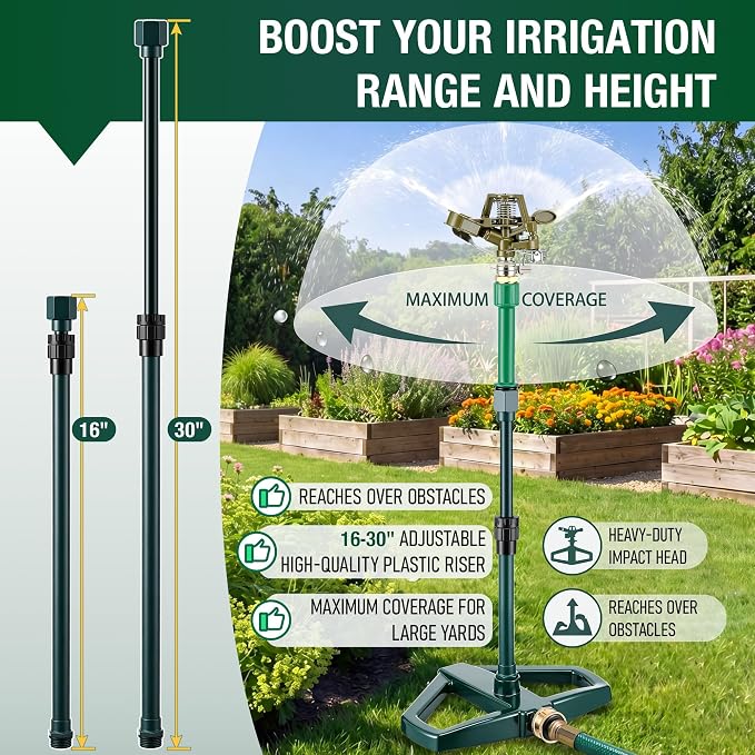 Heavy Duty Impact Pulsating Sprinkler with 16-30" Adjustable Aluminum Sprinkler Riser, All Metal Rotating Circular Impulse Lawn Sprinklers for Medium to Large Lawn Garden Area, Coverage up to 5800 Sq