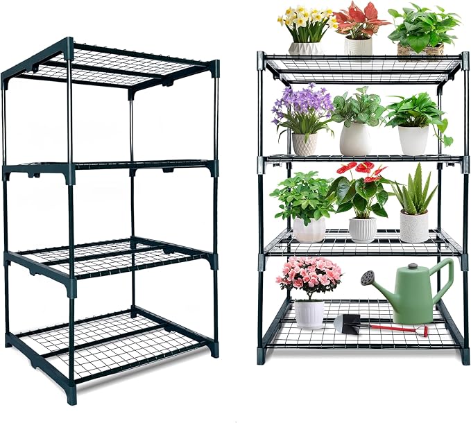 2 Pack Plant Stand Indoor Plant Shelf Outdoor,4 Tier Metal Greenhouse Shelves for Multiple Plant Pot Holder, Waterproof Greenhouse Shelving for Living Room Patio Home Decor for Gardening