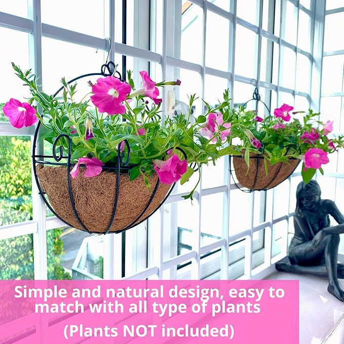 ShopLaLa Bundle - 4 Pack, 9.8 Inch Black + 2 Pack, White Metal Wire Flower Baskets with Coco Liner, Small and Cute Fence Hanging Planter, Balcony Deck Railing Patio Modern Outside Garden Patio Decor
