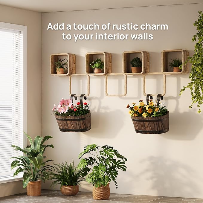 Wooden Hanging Planter for Railing Fence Outdoor Planter Railing Planter Boxes for Plants Wall Planters Window Flower Box Hanging Bucket Pots Countryside Plant Holder (Carbonized,1pcs,Small)