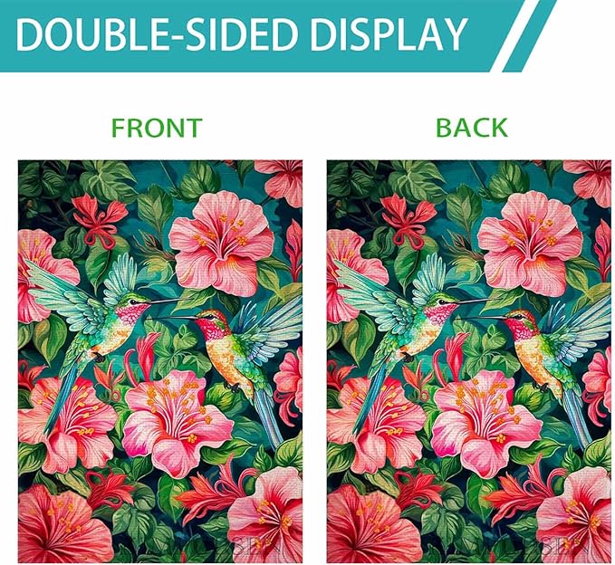 Spring Summer Garden Flag 12 x 18 Inch Double Sided, Colorful Hummingbird Floral Yard Flag Small Outdoor Decorative Flag for Garden Patio Lawn Decor