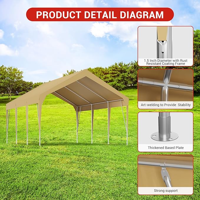 12'x20' Heavy Duty Carport Outdoor Car Canopy UV Resistant Waterproof Party Tent All-Season Portable Garage Gazebo Shelter for Car, Storage Shed, Khaki