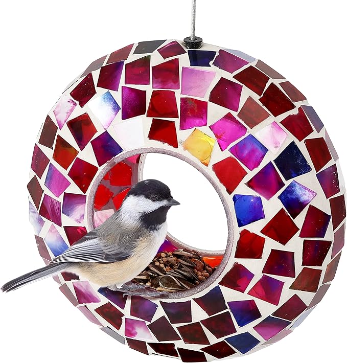 Sunnydaze 6-Inch Glass Mosaic Hanging Bird Feeder for Outdoors - Fly-Through Glass Bird Feeder for Cardinals, Jays, Finches and More - Crimson Mosaic