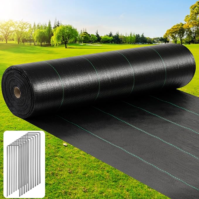 6FT x 300FT Heavy Duty Landscape Fabric, 3.2oz Woven Geotextile Weed Barrier with 60 U-Shaped Pegs & Pre-printed Cutting Lines, Durable Ground Cover for Professional Garden Beds, Driveway, Greenhouse