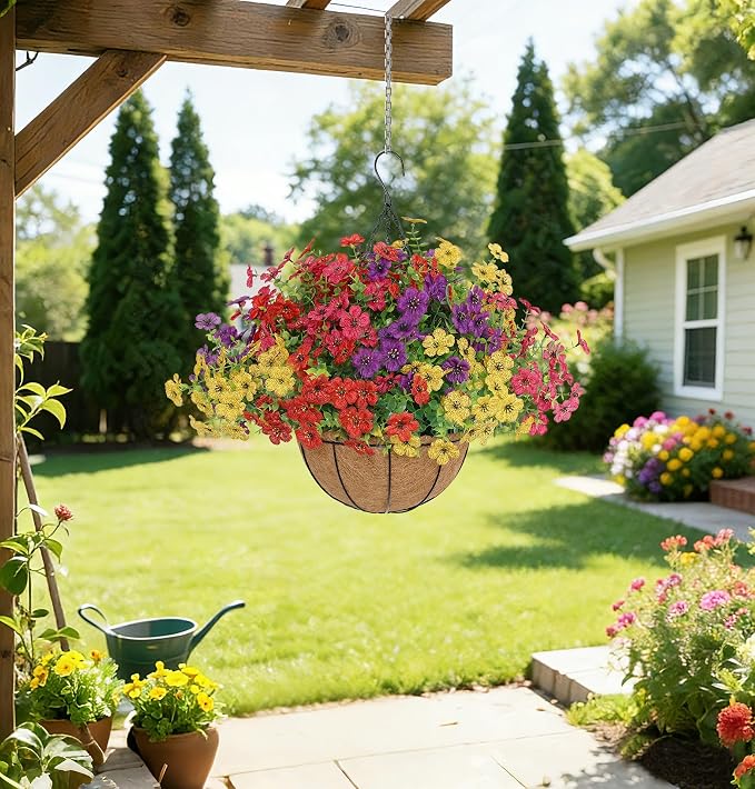 Senjie 4 Set Artificial Hanging Flowers with Basket for Outdoor Decor, UV Resistant 48 Bundles Faux Flowers Fake Hanging Planter for Porch Patio Balcony