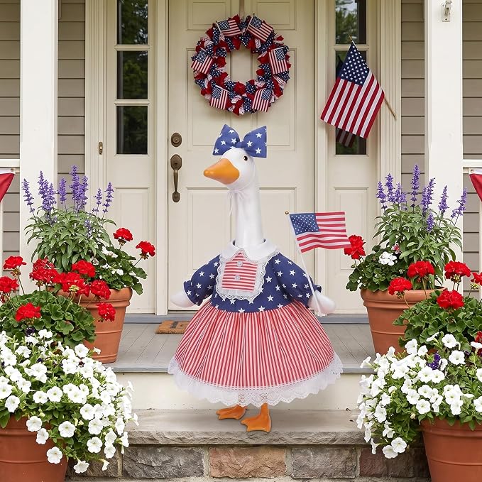 Porch Goose Outfits Clothes for 4th of July Decorations, Patriotic Red White and Blue Porch Goose Dress, 250 Anniversary USA Merchandise Lawn 23 inch Porch Goose Costume Clothing for Patio Yard