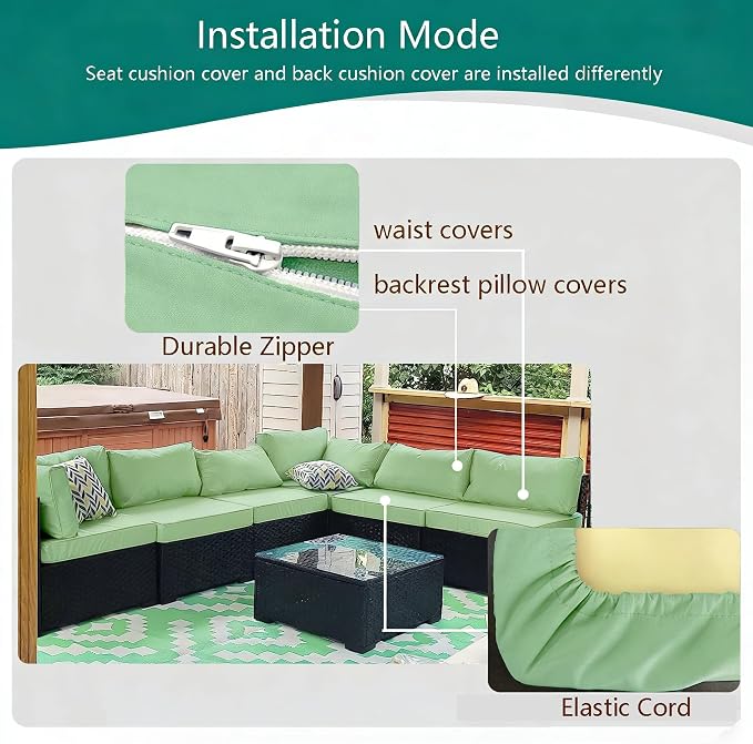 Outdoor Cushion Covers Replacement 14 Pcs Patio Cushion Covers fit for 7Pieces 6-Seater Wicker Rattan Sectional Couch Sofa Outdoor Cushion Slipcovers Set Seat and Back Cover Only, Bean Green