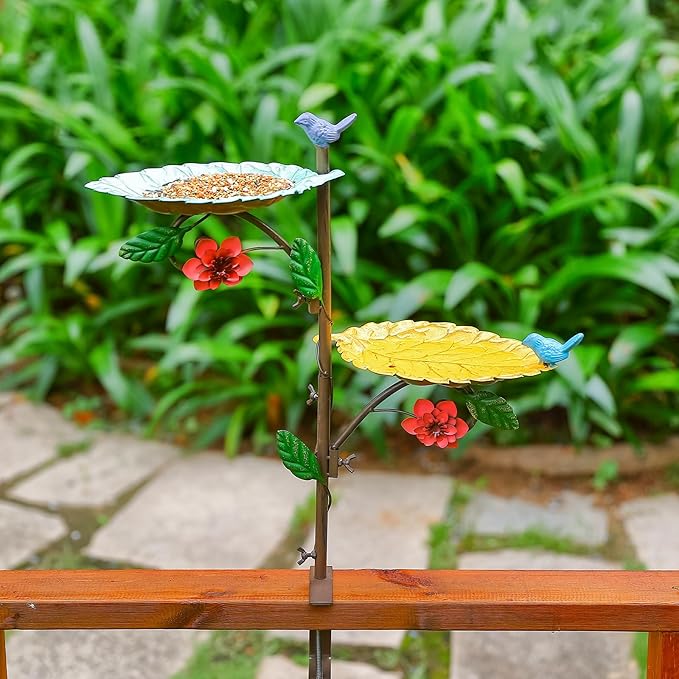 Deck Mounted Bird Feeder & Bird Bath, 20" H Iron Railing Birdfeeder with Leaves-Shaped Bowl, Outdoor Bird Bath for Balcony Patio Garden