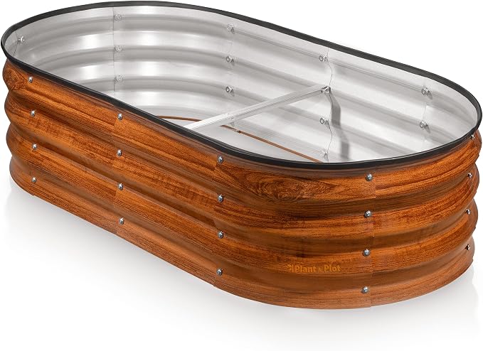 Plant & Plot Galvanized Raised Garden Beds Outdoor // 4×2×1 ft Planter Raised Beds for Gardening, Vegetables, Flowers // Large Metal Garden Box (Dark Wood Grain)