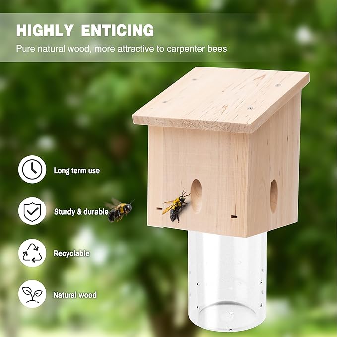 Carpenter Bee Trap for Outside - Pentroof Style Nature Hanging Wood Carpenter Bee Traps Outdoor - Best Bee Trap - Insect Traps with Removable Vault (1 Pack)
